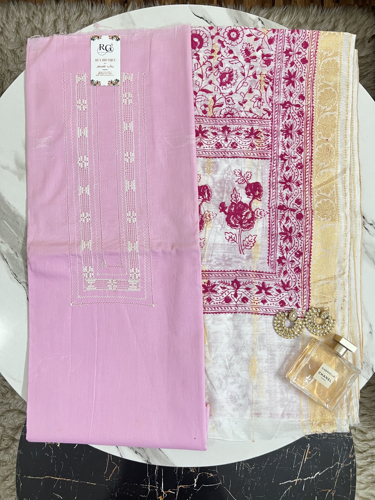 Hand embroidered lawn shirt with handblock printed dupatta
