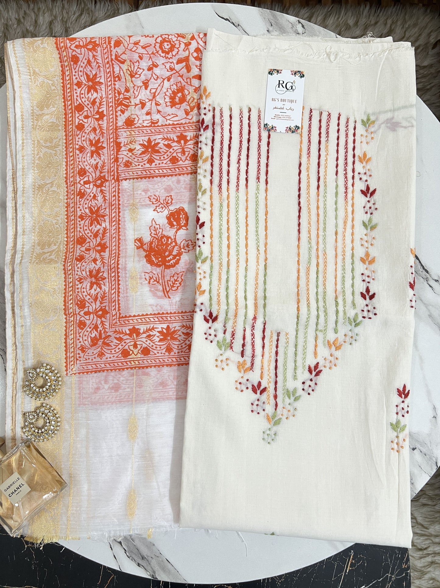 Hand embroidered lawn shirt with handblock printed dupatta