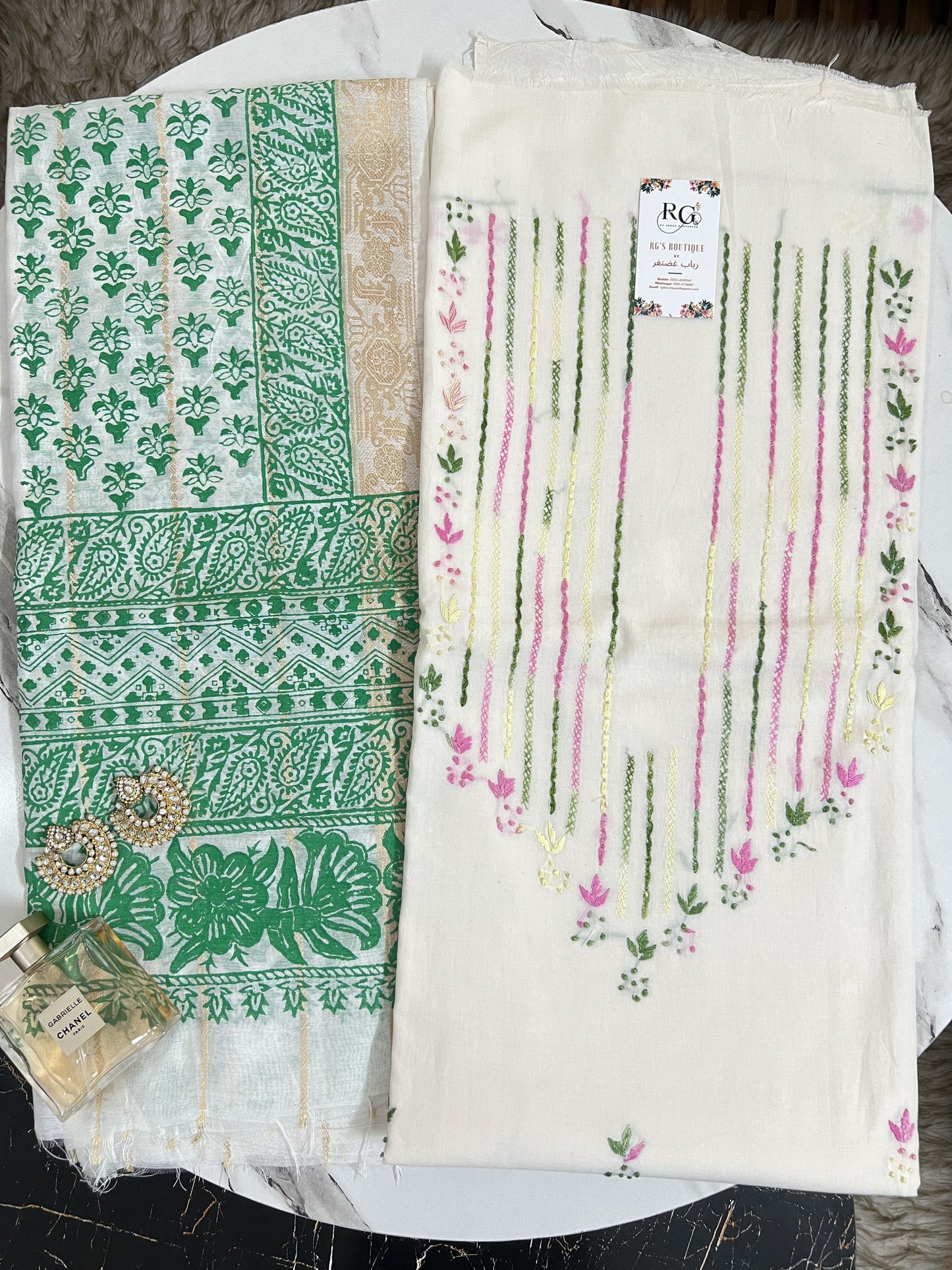 Hand embroidered lawn shirt with handblock printed dupatta