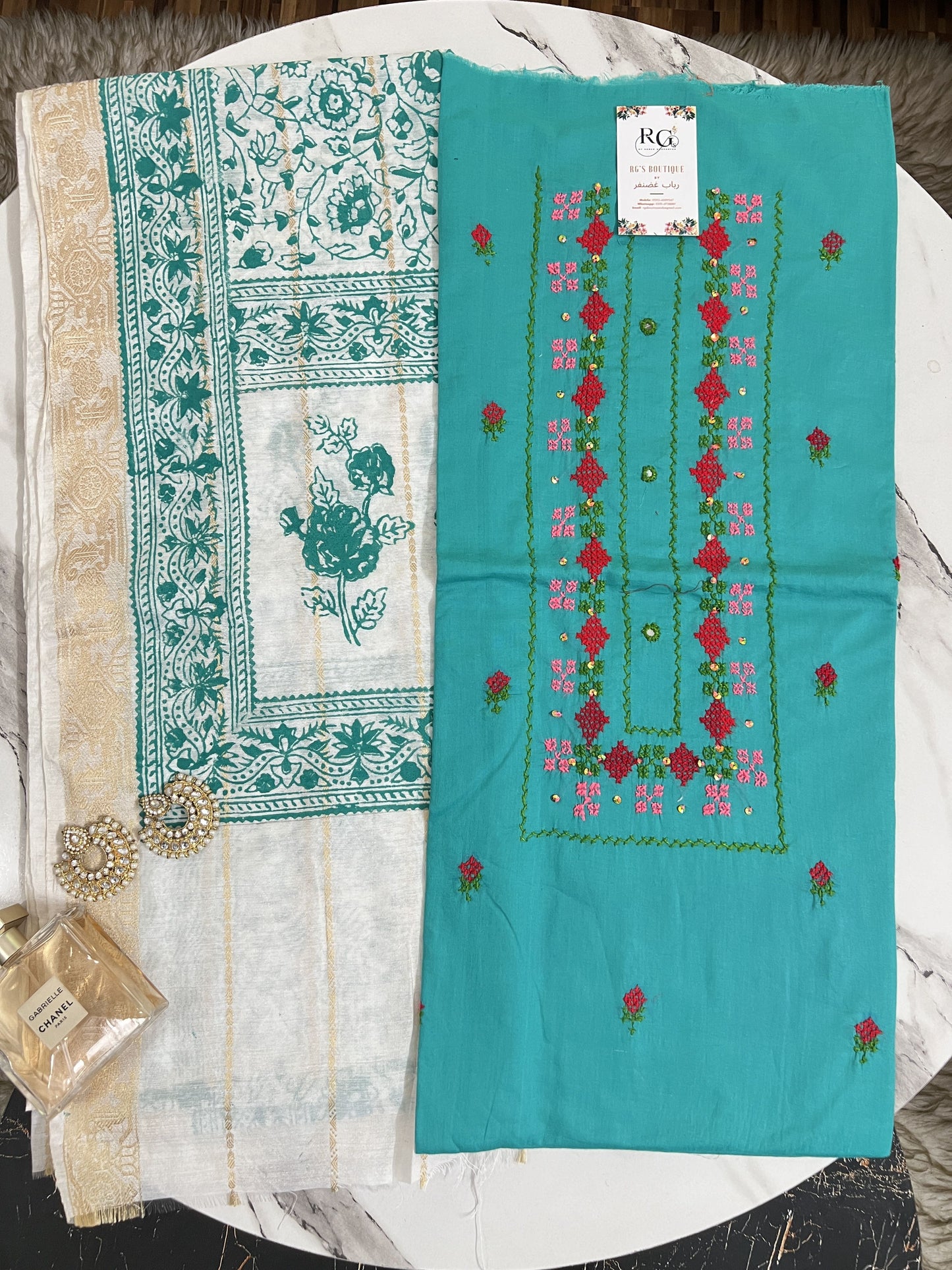 Hand embroidered lawn shirt with handblock printed dupatta