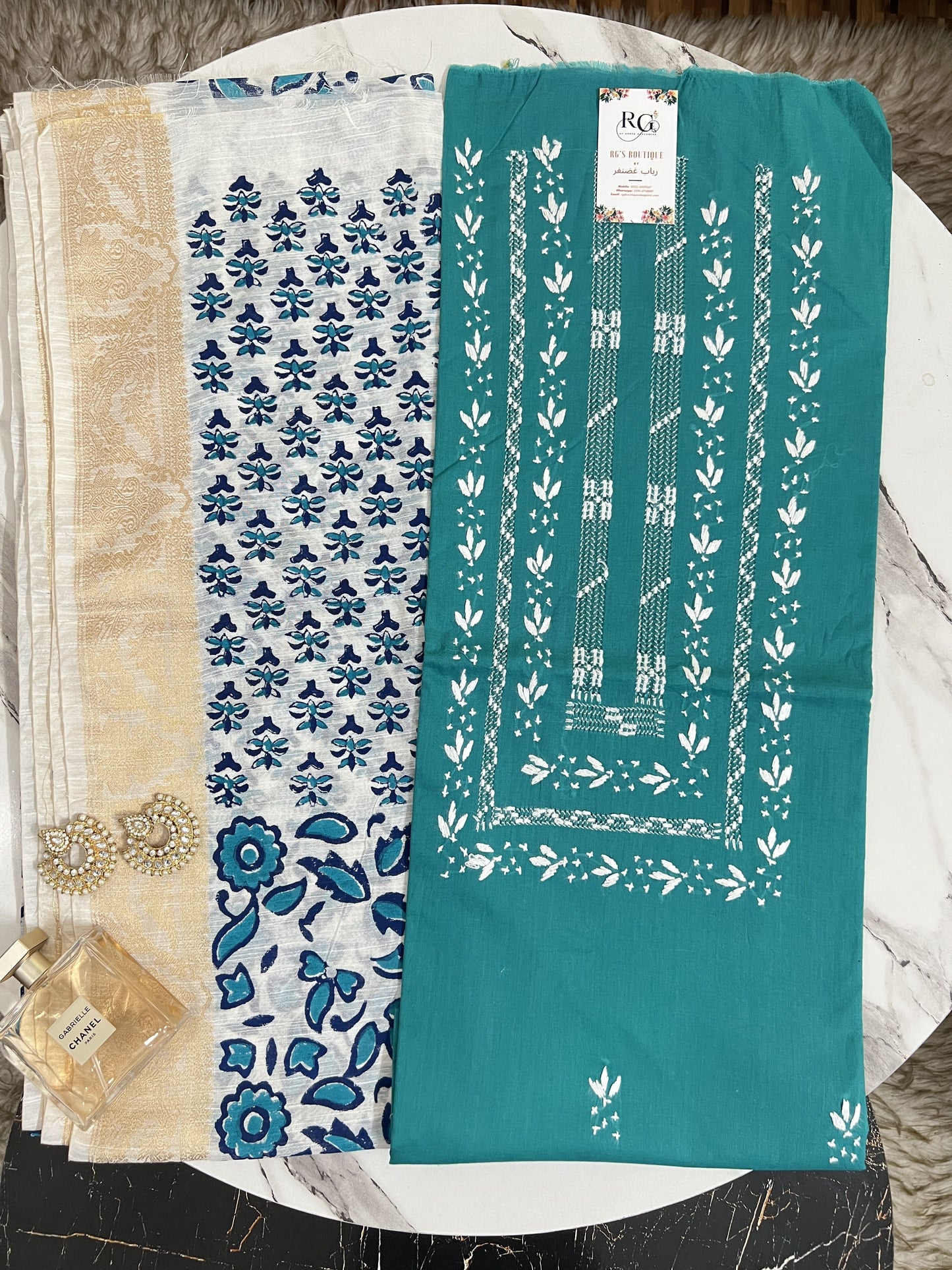 Hand embroidered lawn shirt with handblock printed dupatta
