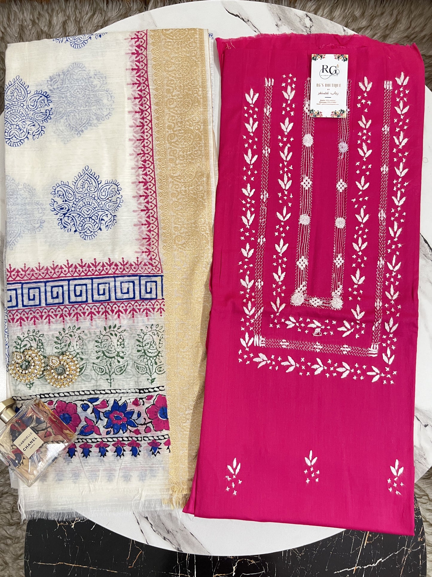 Hand embroidered lawn shirt with handblock printed dupatta