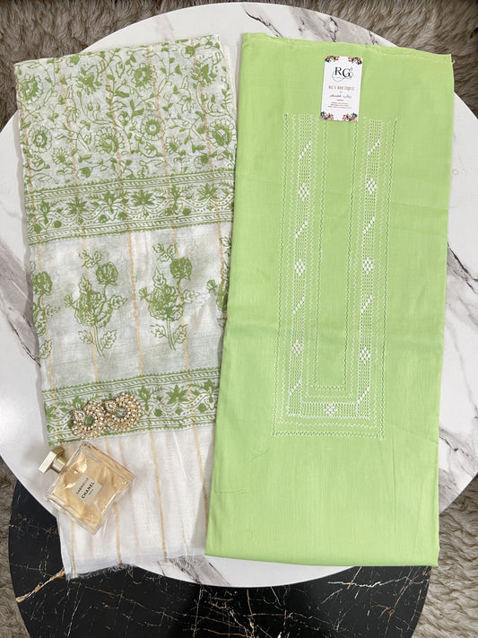 Hand embroidered lawn shirt with handblock printed dupatta